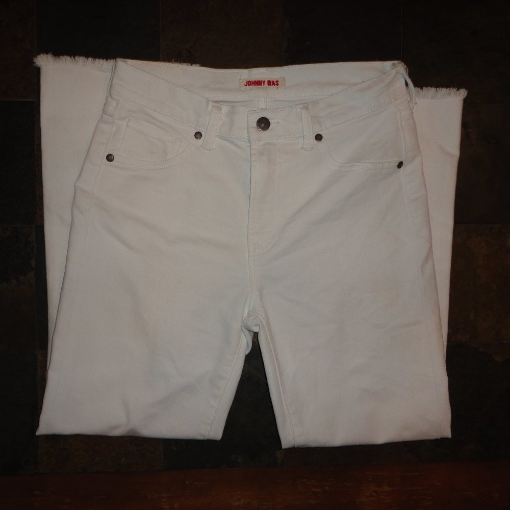 JOHNNY WAS Women's Mid Rise Slim Fit Baby Boot White Jeans Size 26
